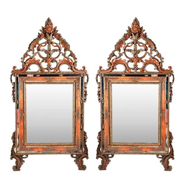 Pair of Antique Venetian Fancy Paint-Decorated Mirrors in Peach and Gold For Sale