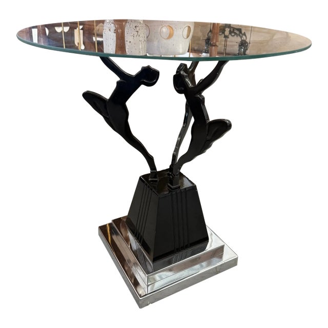 Vintage Art Deco Frankart Style Glass Top Side Table With Black & Chrome Tone Nude Figures Sculptural Accent Table For Sale