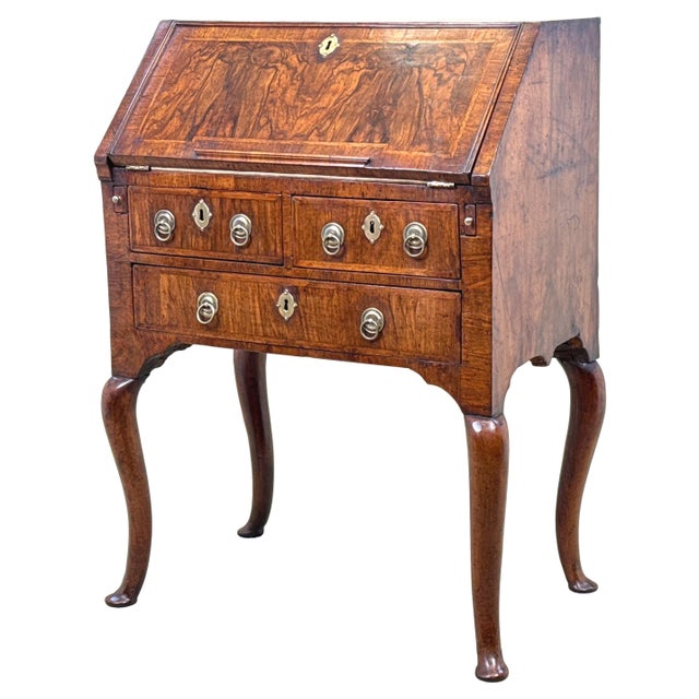 An Exceptionally Rare Early 18th Century, George I Period, Small Walnut Bureau, Having Superbly Figured Top And Sloping...