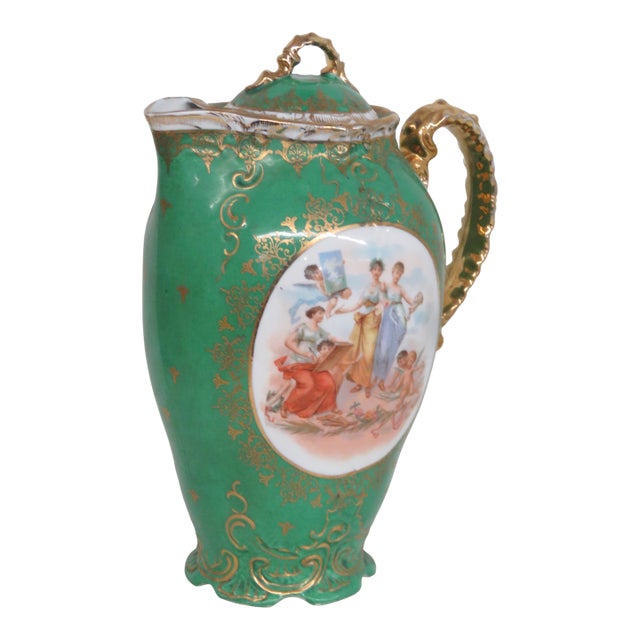 Victoria Austria Ewer Green Gold Gilded Cameo Cherub Pitcher With Lid 4721b For Sale