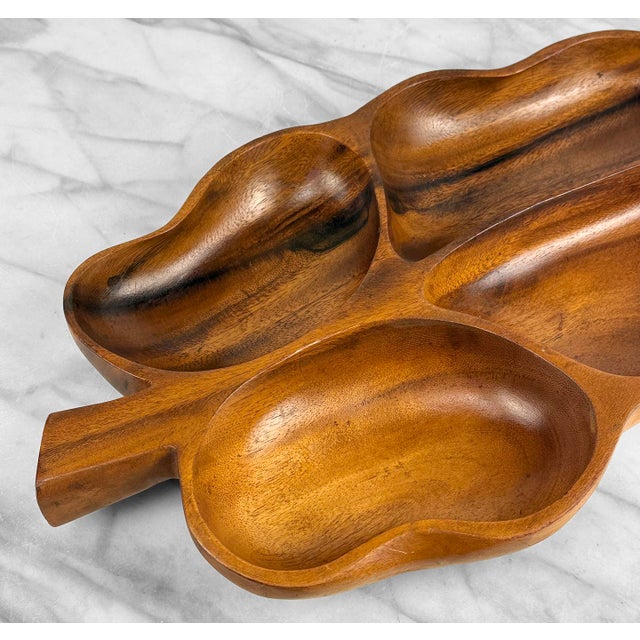 Wood Mid-Century 19" Monkey Pod Wood Divided Centerpiece Leaf Bowl For Sale - Image 7 of 9