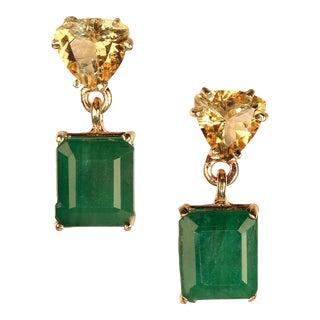 AJD Bold Emerald and Golden Beryl Dangle Earrings in 14k Yellow Gold - 2 Pieces For Sale