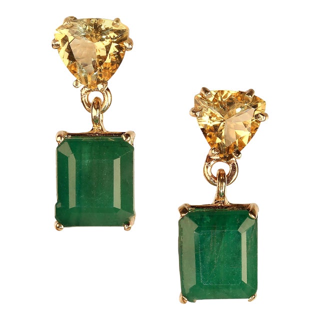 AJD Bold Emerald and Golden Beryl Dangle Earrings in 14k Yellow Gold - 2 Pieces For Sale