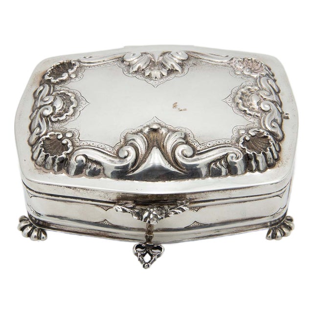 Embossed Silver Jewelry Box with Hinged Lid For Sale