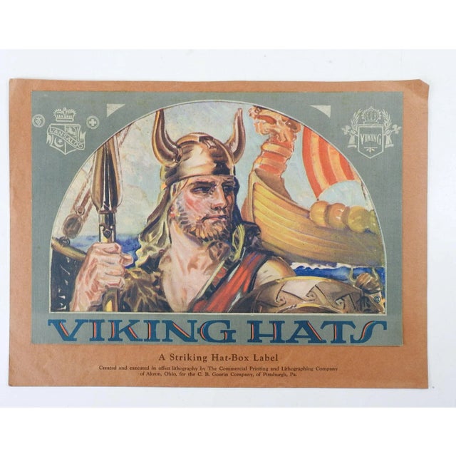 Vintage early 20th century Viking Hats label on paper. Printed as an example of offset lithographs by Commercial printing...