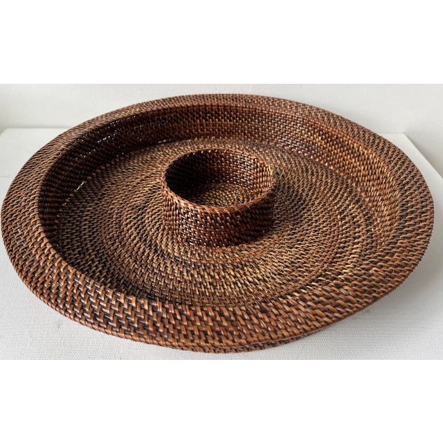 Boho Chic Woven Brown Rattan Chip & Dip Serving Basket For Sale - Image 3 of 9