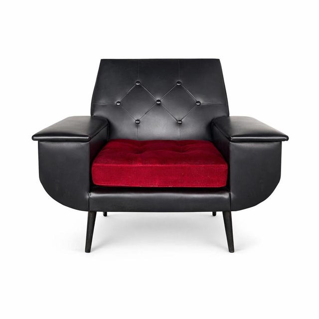 Textile Mid-Century Modern Black Vinyl Chair with Red Seat Cushion, 1950s For Sale - Image 7 of 7