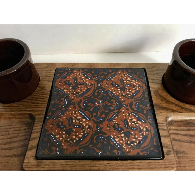 Boho Chic Vintage Tile and Wood Serving Tray With Ceramic Bowls - 3 Pc. Set For Sale - Image 3 of 6