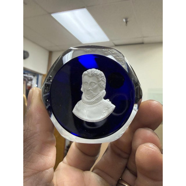 Late 20th Century Cristal d'Albret France Christopher Columbus Sulphide Paperweight Faceted Blue For Sale - Image 11 of 12