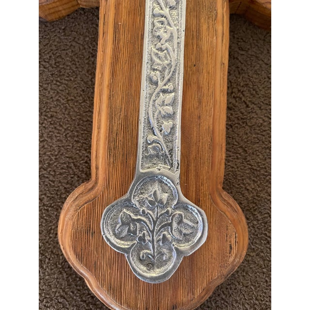 Rustic Wood Wall Cross With Ornate Silver Inlay For Sale - Image 3 of 6