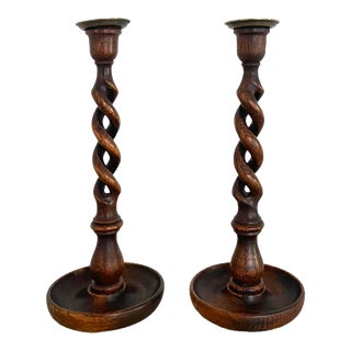 Pair of Early 20th Century British Oak Open Barley Twist Candlesticks For Sale