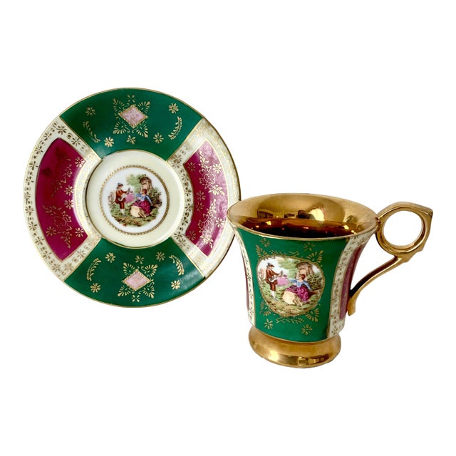 Vintage Arnart Porcelain Royal Vienna Style Courting Couple Teacup & Saucer Set 55/516 Mint Condition For Sale