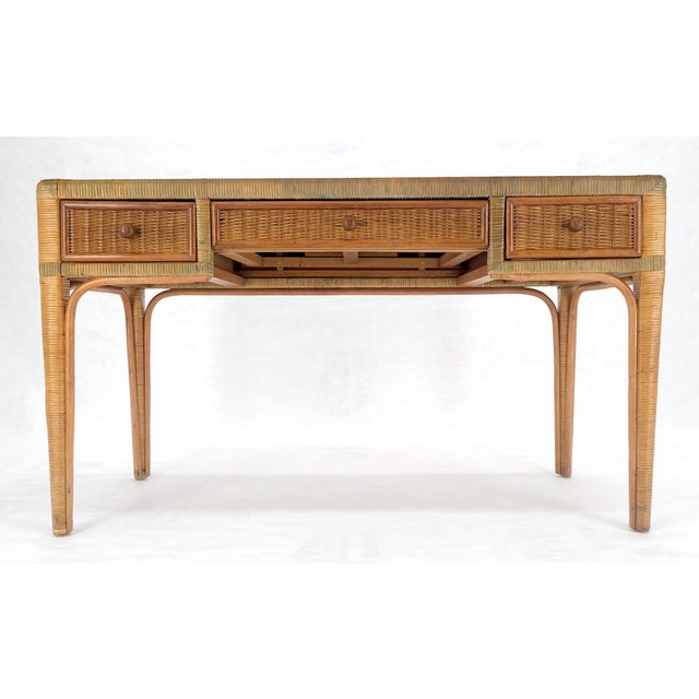 Vintage Mid Century c1970s Wicker Low Profile 3 Drawer Desk Console Mint For Sale - Image 6 of 13