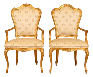 Karges French Provincial Louis XV Carved Walnut and Gold Gilt Armchairs or Dining Chairs, Pair