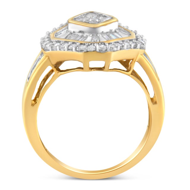 A striking diamond 10 karat yellow gold cocktail ring. This unique ring with an octagonal shape features a central cluster...