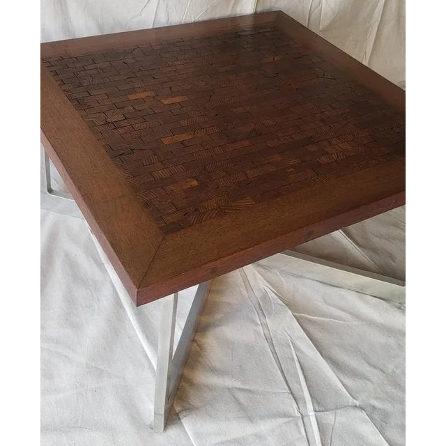 Milo Baughman Style Industrial Modern Walnut End Grain Mosaic Chrome X Frame Coffee Table For Sale - Image 10 of 11