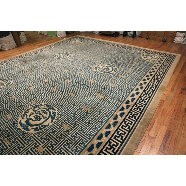 Large Blue and Ivory Antique Chinese Geometric Peking Rug, Country of Origin: China, Circa Date: 1900