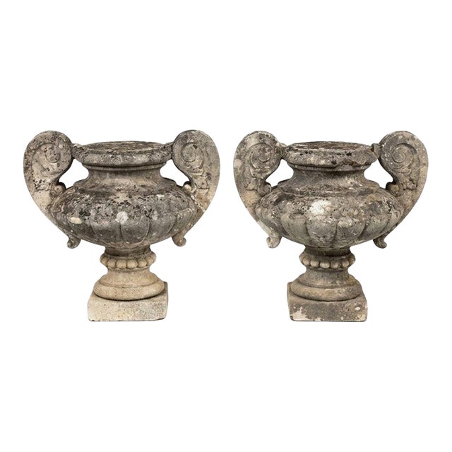 Pair of Vintage Weathered Cast Stone Classical Garden Urns With Scroll Handles For Sale