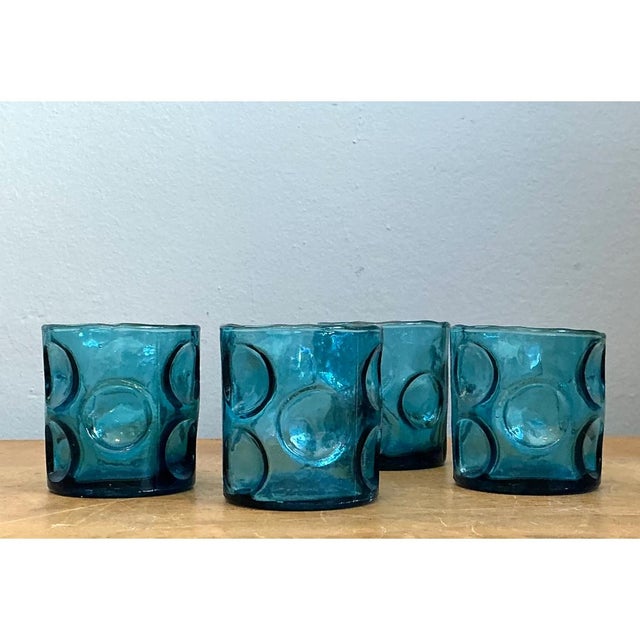 Vintage Blue Embossed Glass Shot Glasses - Set of 4 For Sale - Image 11 of 12