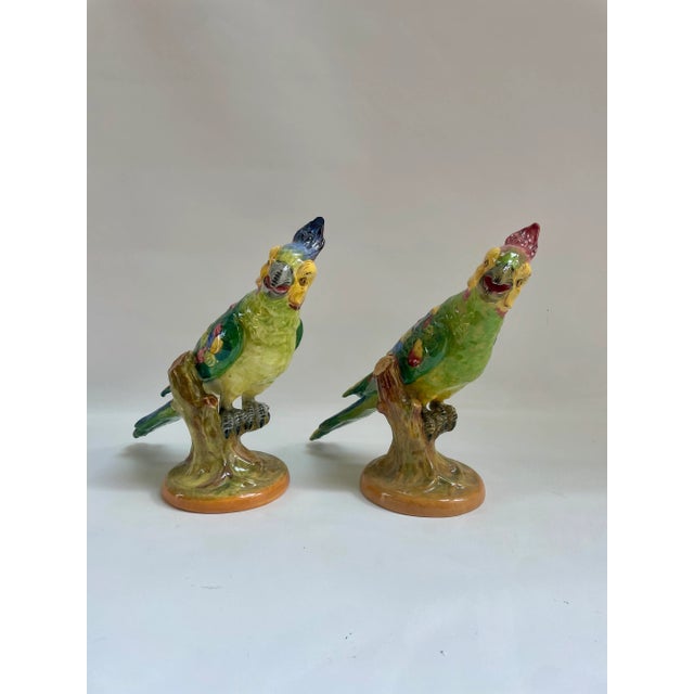 Pair of large Italian exotic parrot bird figurines in beautiful colors. In excellent vintage condition. Maker's mark on...