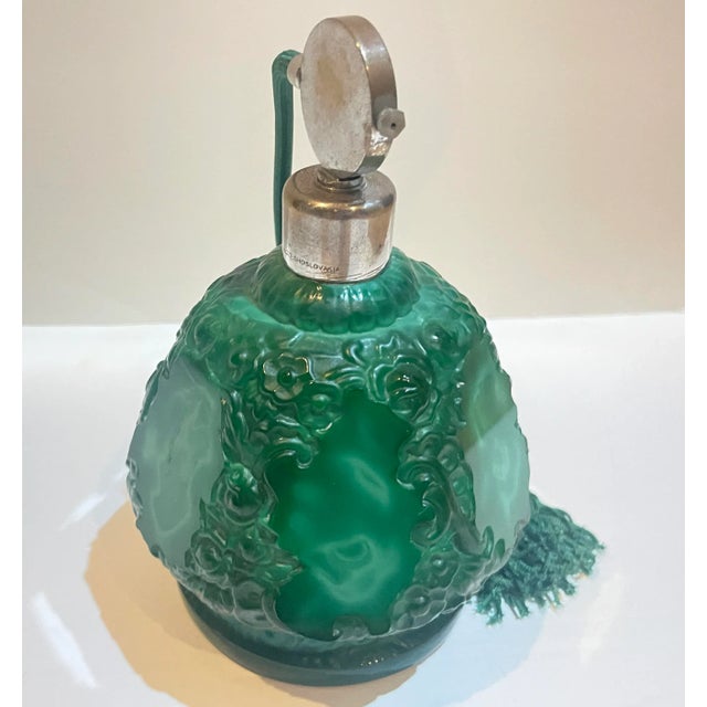 Metal 1930s Art Deco Malachite Glass Czechoslovakian Perfume Bottle For Sale - Image 7 of 12