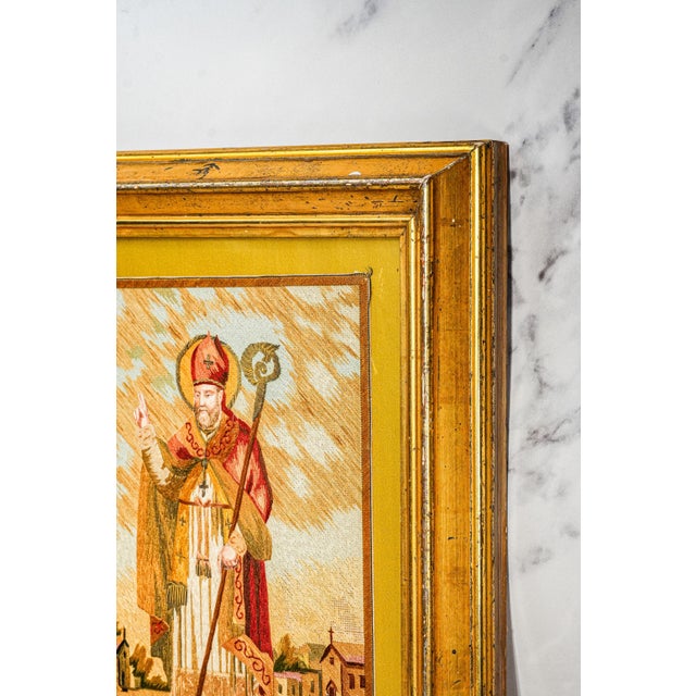 Rare Hand Made Antique Religious Devotional Textile Artwork 19th Century Religious Silkwork Catholic Bishop Saint Home Wall Decor For Sale - Image 16 of 18