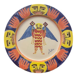 Mark Sabin Signed Winged Figure Hand-Painted Ceramic Plate For Sale