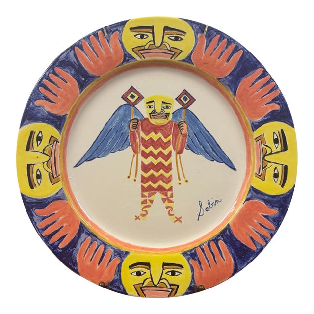 Mark Sabin Signed Winged Figure Hand-Painted Ceramic Plate For Sale