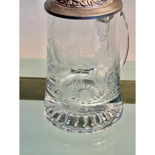 Vintage German Etched Glass Beer Tankard With Design Relief Metal Lid For Sale - Image 4 of 9