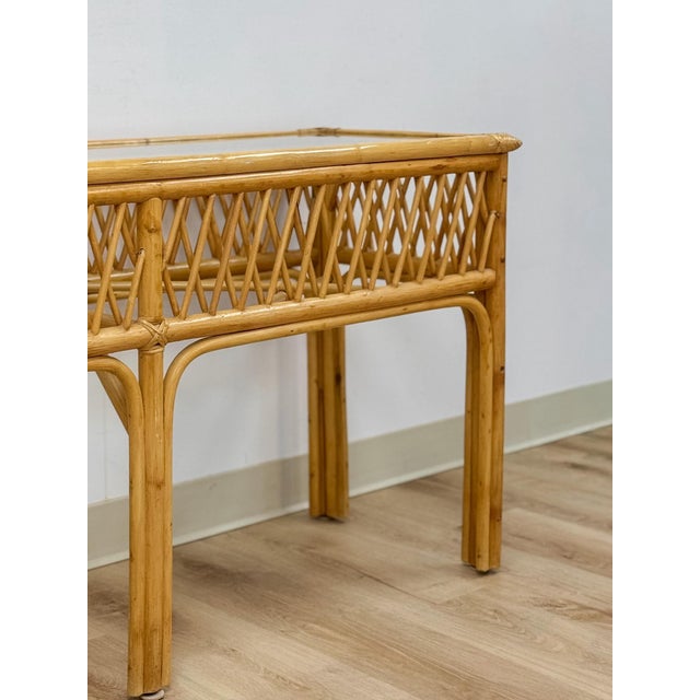 Vintage Coastal Wicker Rattan Console Table Woven Lattice Glass Top Beige Boho For Sale - Image 4 of 14