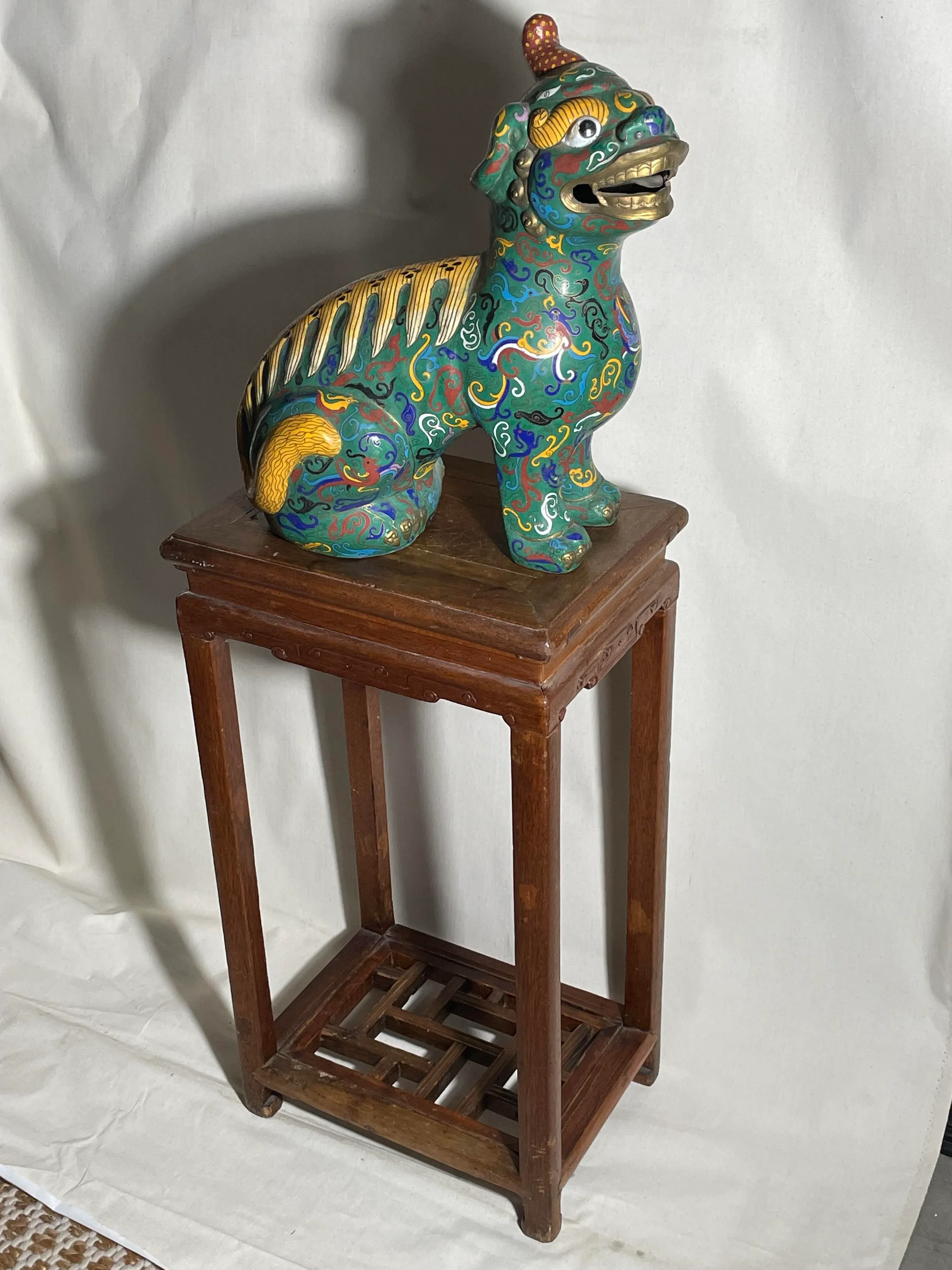 1960s Large Chinese Cloisonne Enamel Foo Dog & Ornate Wood Table