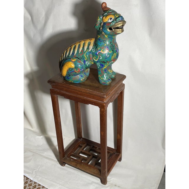 1960s Large Chinese Cloisonne Enamel Foo Dog & Ornate Wood Table For Sale - Image 4 of 9