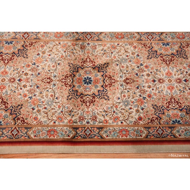 Persian 1950s Fine Silk Pile Floral Vintage Persian Qum Short Runner Rug For Sale - Image 3 of 8