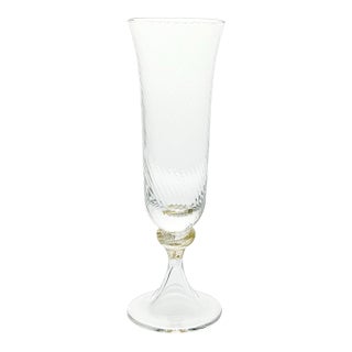 1990s Murano Torcée Single Hand Blown Fluted Optic Swirl Gold Flake Stem Champagne Glass For Sale