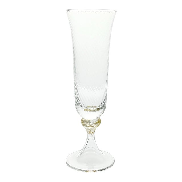 1990s Murano Torcée Single Hand Blown Fluted Optic Swirl Gold Flake Stem Champagne Glass For Sale