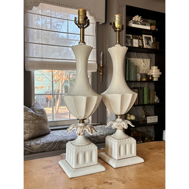 Vintage Mid-Century Hollywood Regency Porcelain Gilt Table Lamps, a Pair For Sale - Image 4 of 4