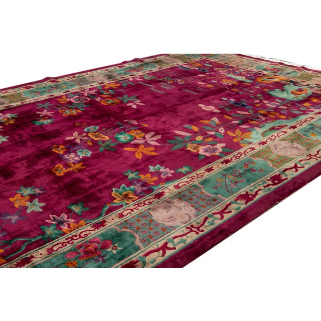 Textile Large Antique Red Art Deco Chinese Wool Rug 10 Ft 9 in X 19 Ft 3 In. For Sale - Image 7 of 13