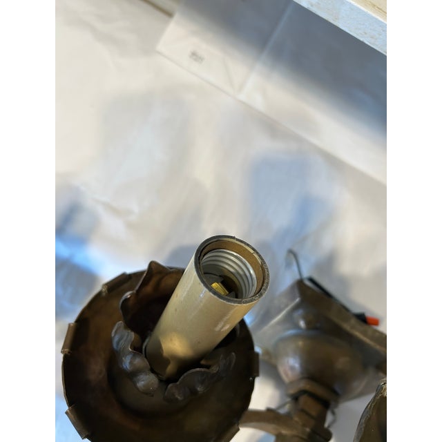 Metal Antique French Heavy Bronze Gothic Sconces- A Pair For Sale - Image 7 of 14