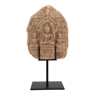 19th Century Large Buddha Votive Plaque, Sandstone on Metal Stand, India For Sale