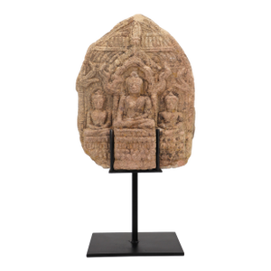 19th Century Large Buddha Votive Plaque, Sandstone on Metal Stand, India