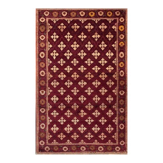 1930s Red Burgundy 4 Pointed Star Antique Indian Agra Rug 4' 0" X 6' 6" Handknotted Wool Carpet For Sale