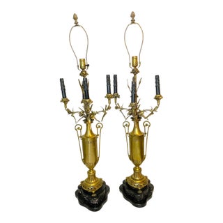 Early 20th Century Gigantic Pair of Gilt Bronze Neoclassical Candelabra Vase Flower Urn Table Lamps For Sale