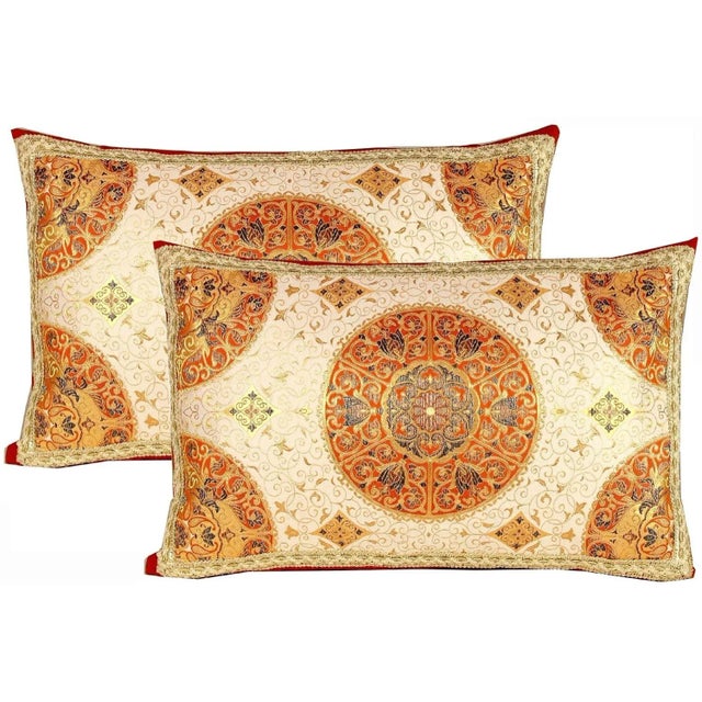 Contemporary Fortuny Style Hand- Embroidery Silk Pillow With Vintage Embroidered Framed Trim For Sale - Image 3 of 13