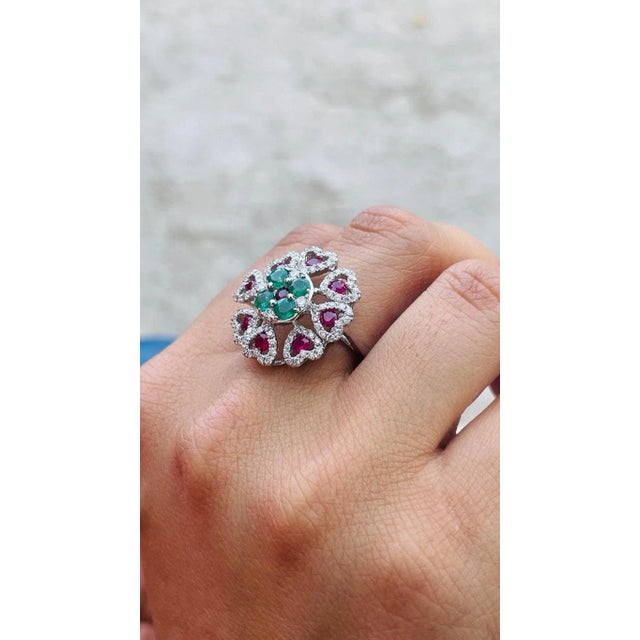 Metal Solid 14k Gold Ruby Emerald and Pave Set Diamond Bohemian Chic Flower Ring Size 11 For Sale - Image 7 of 7