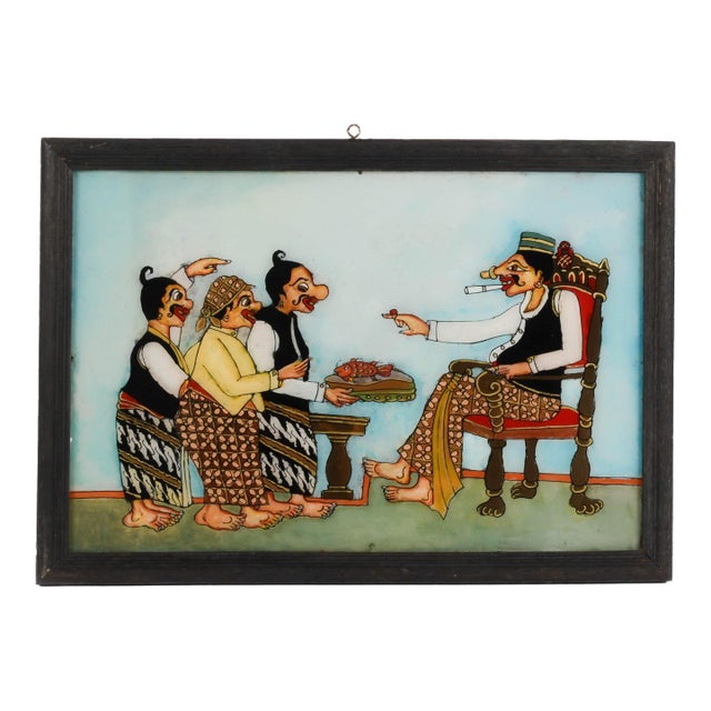 Framed Punakawan Petruk Becomes a King Reverse Glass Painting For Sale