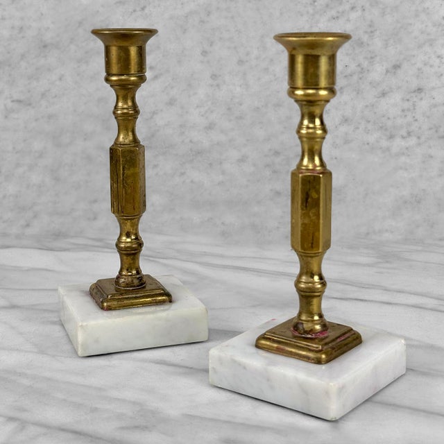 Traditional Vintage Traditional Brass & Marble Turned Candlestick Holders - A Pair For Sale - Image 3 of 8