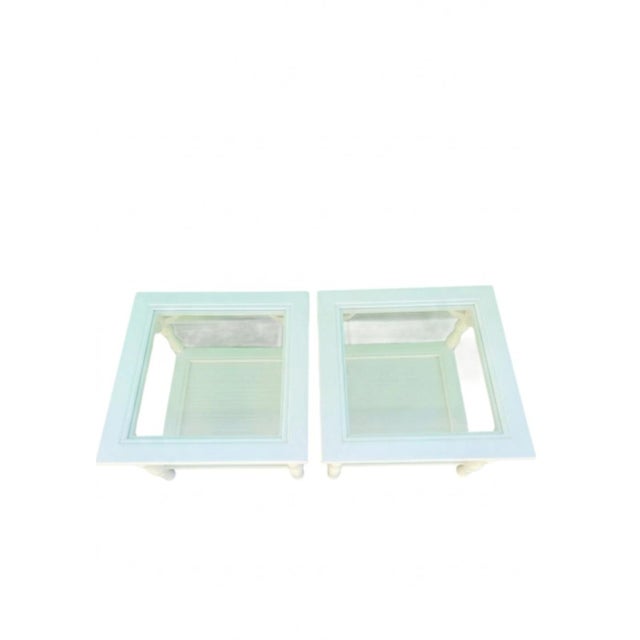 Vintage Mersman Faux Bamboo Cane Palm Beach White Glass Top Side Tables- a Pair For Sale - Image 11 of 11