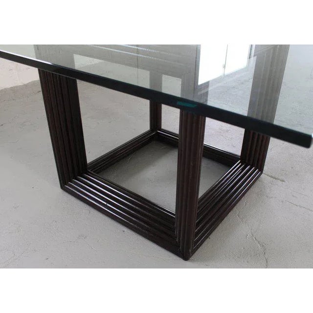 Black 1970s Mid-Century Modern Large Square Thick Glass Top Rattan Cube Base Dining Conference Table For Sale - Image 8 of 14
