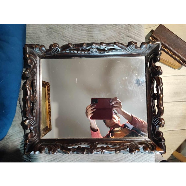 Pre-war wooden carved hanging mirror, dimensions: height 50 cm, width 40 cm, depth 4.5 cm.