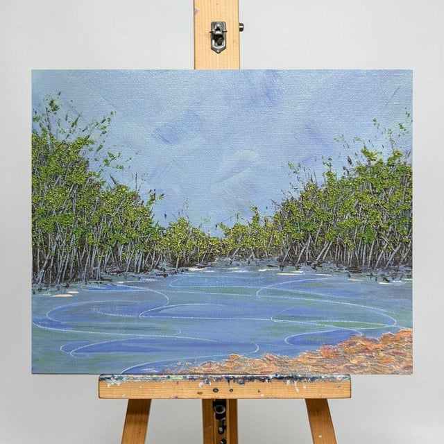 Transform your space with this serene nature-inspired acrylic painting. The view has the blue sky and lovely trees in the...